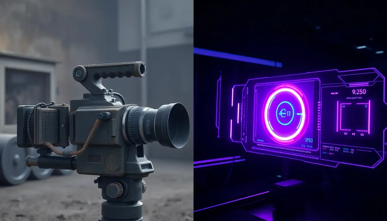 AI Video Generator vs Traditional Video Editing comparison - old camera equipment versus modern AI interface